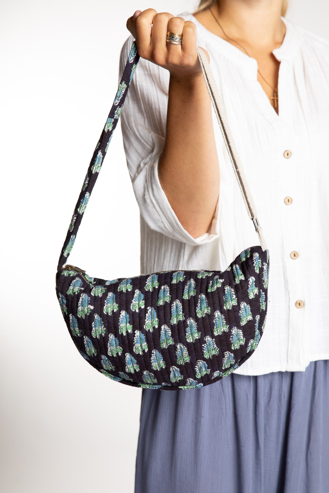 Quilted Cotton Boho Purse in Black floral block print