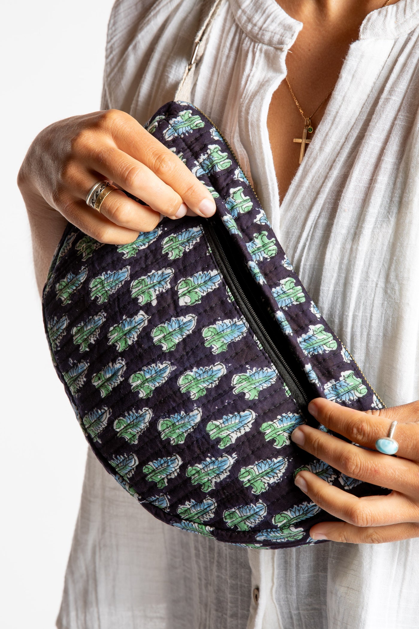 Quilted Cotton Boho Purse in Black floral block print