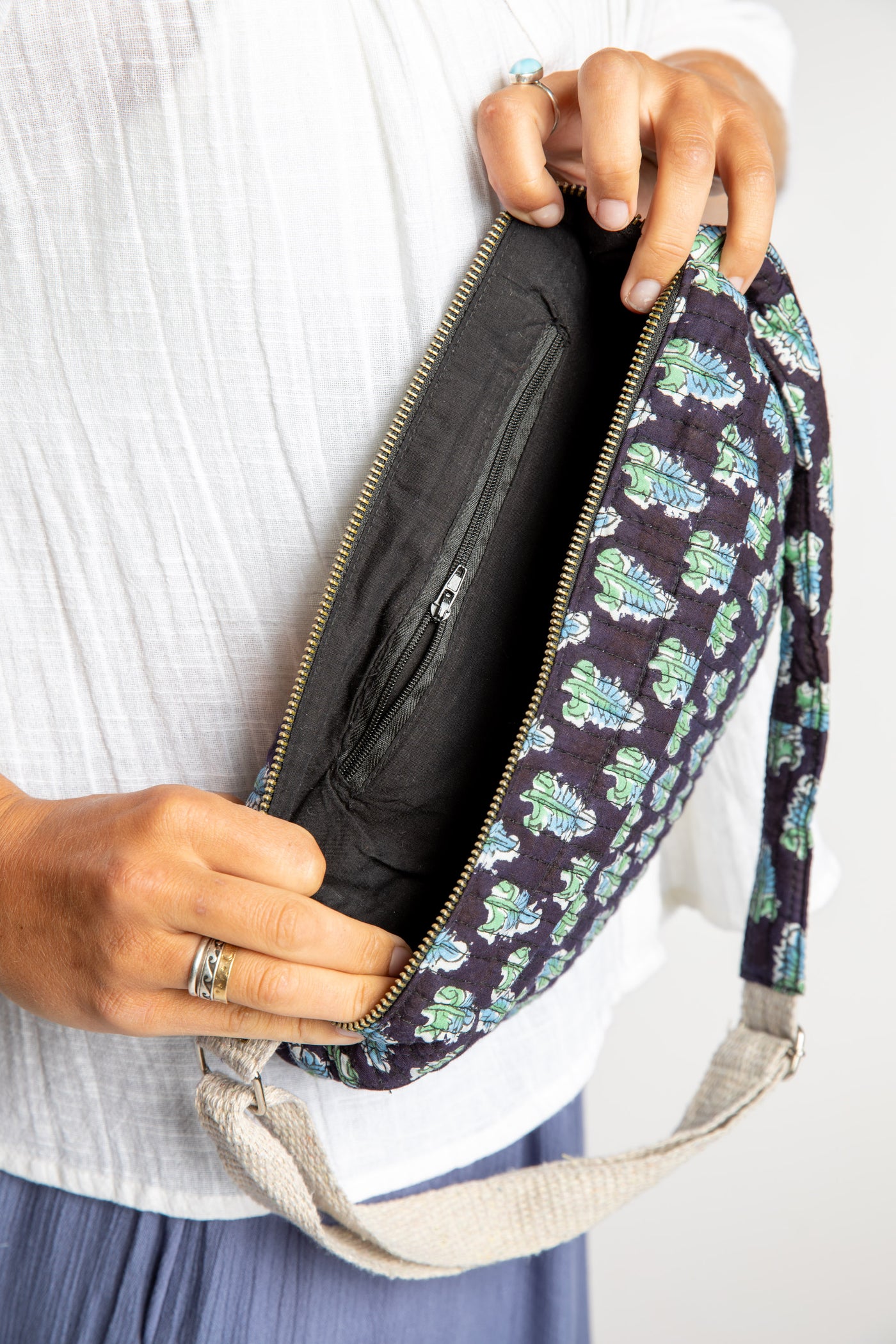 Quilted Cotton Boho Purse in Black floral block print