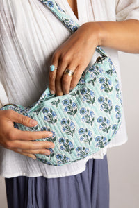 Quilted Cotton Boho Purse in Light Blue floral block print
