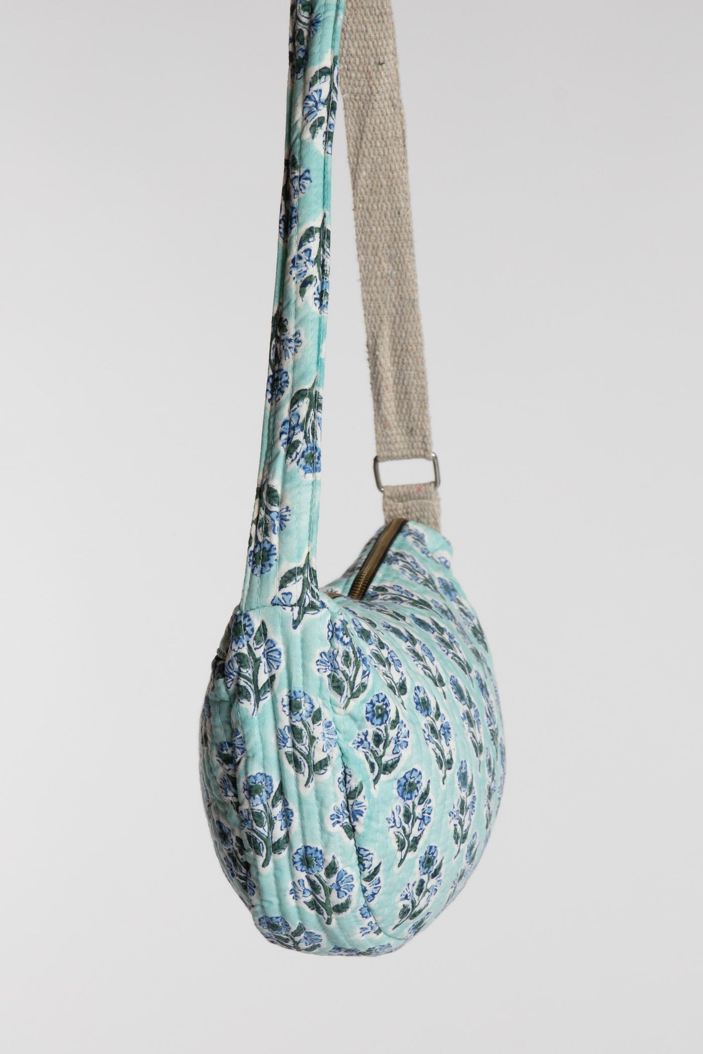 Quilted Cotton Boho Purse in Light Blue floral block print
