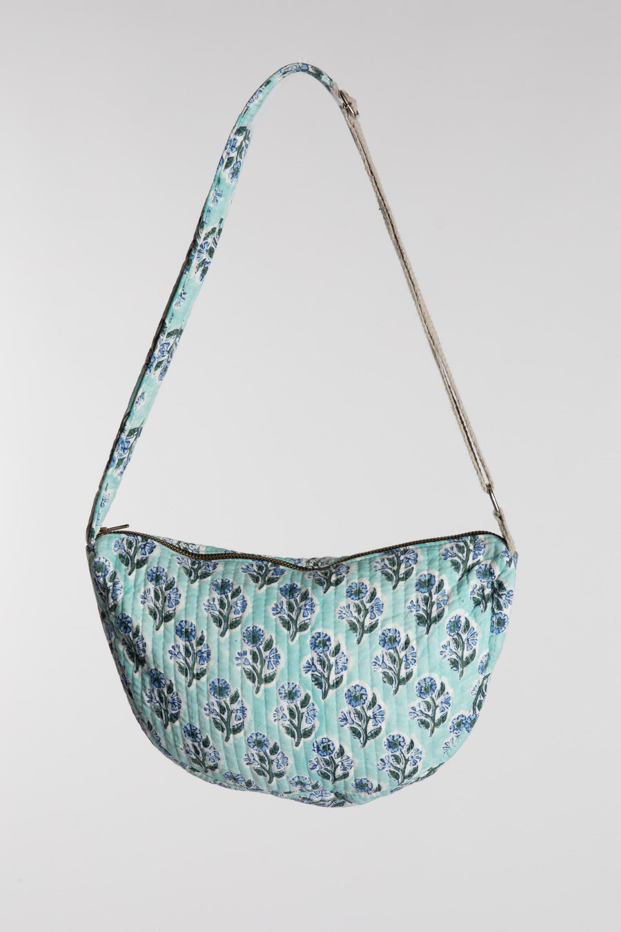 Quilted Cotton Boho Purse in Light Blue floral block print