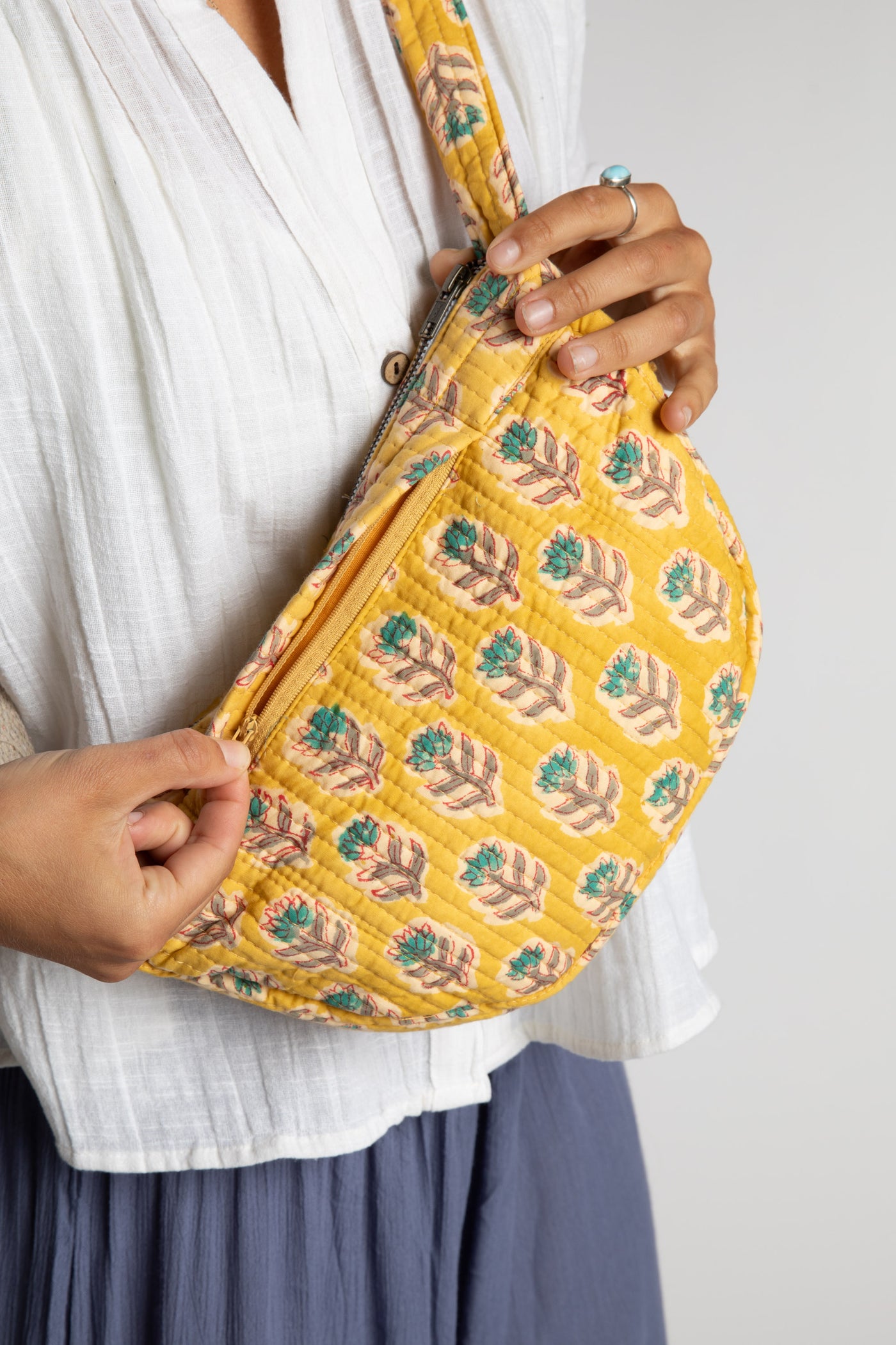 Quilted Cotton Boho Purse in yellow Marigold floral block print