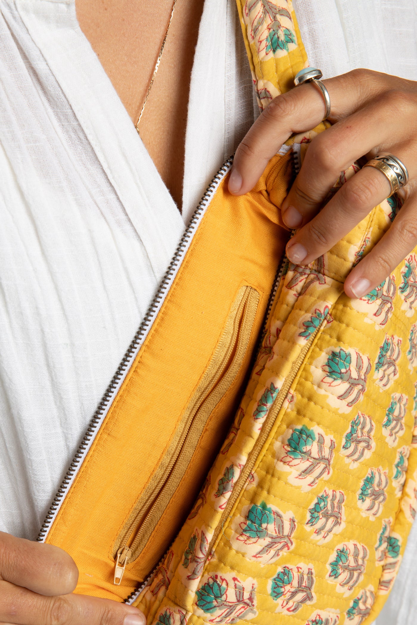 Quilted Cotton Boho Purse in yellow Marigold floral block print