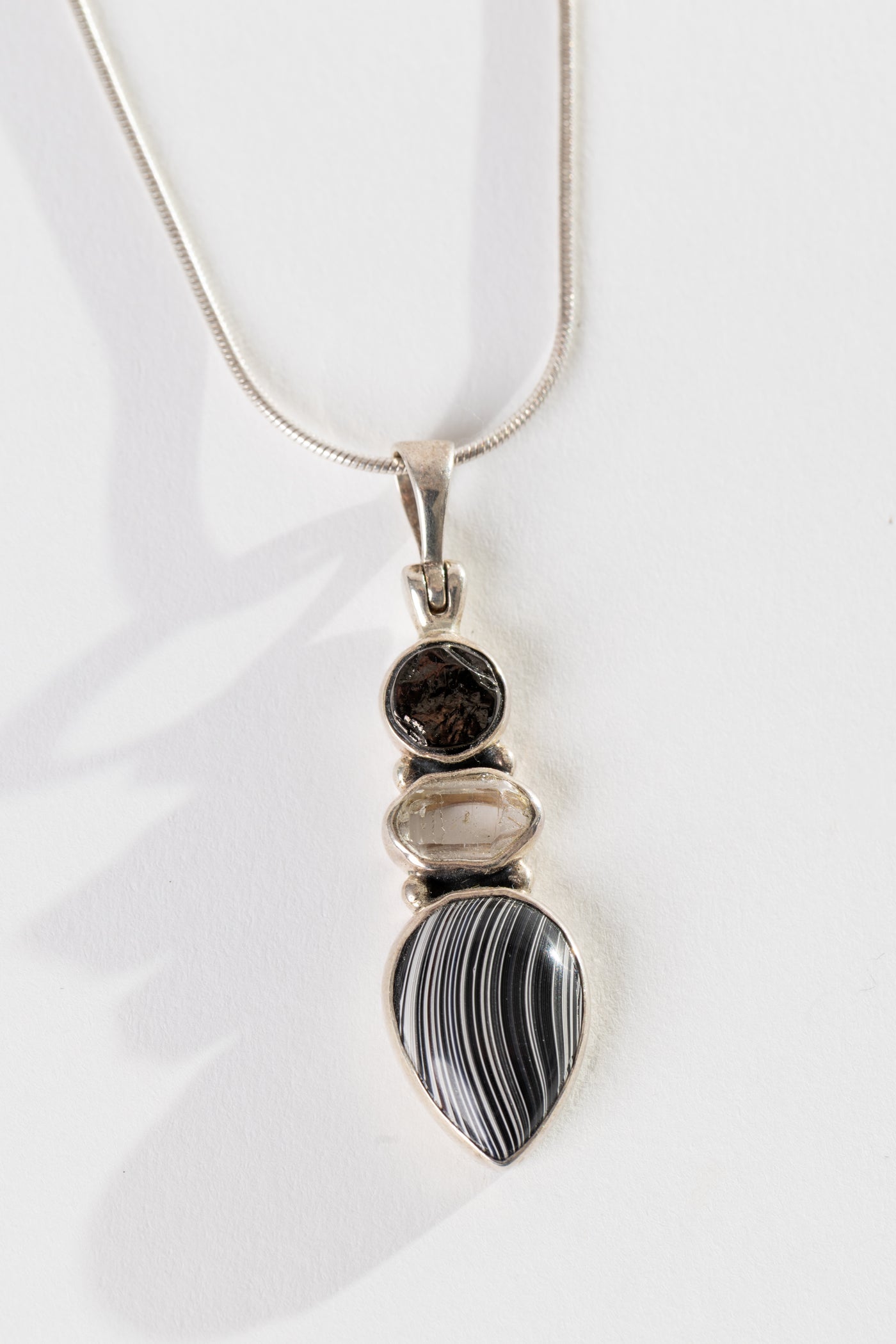 One of a Kind Black Onyx, Clear Quartz and Black Banded Agate Pendant P138