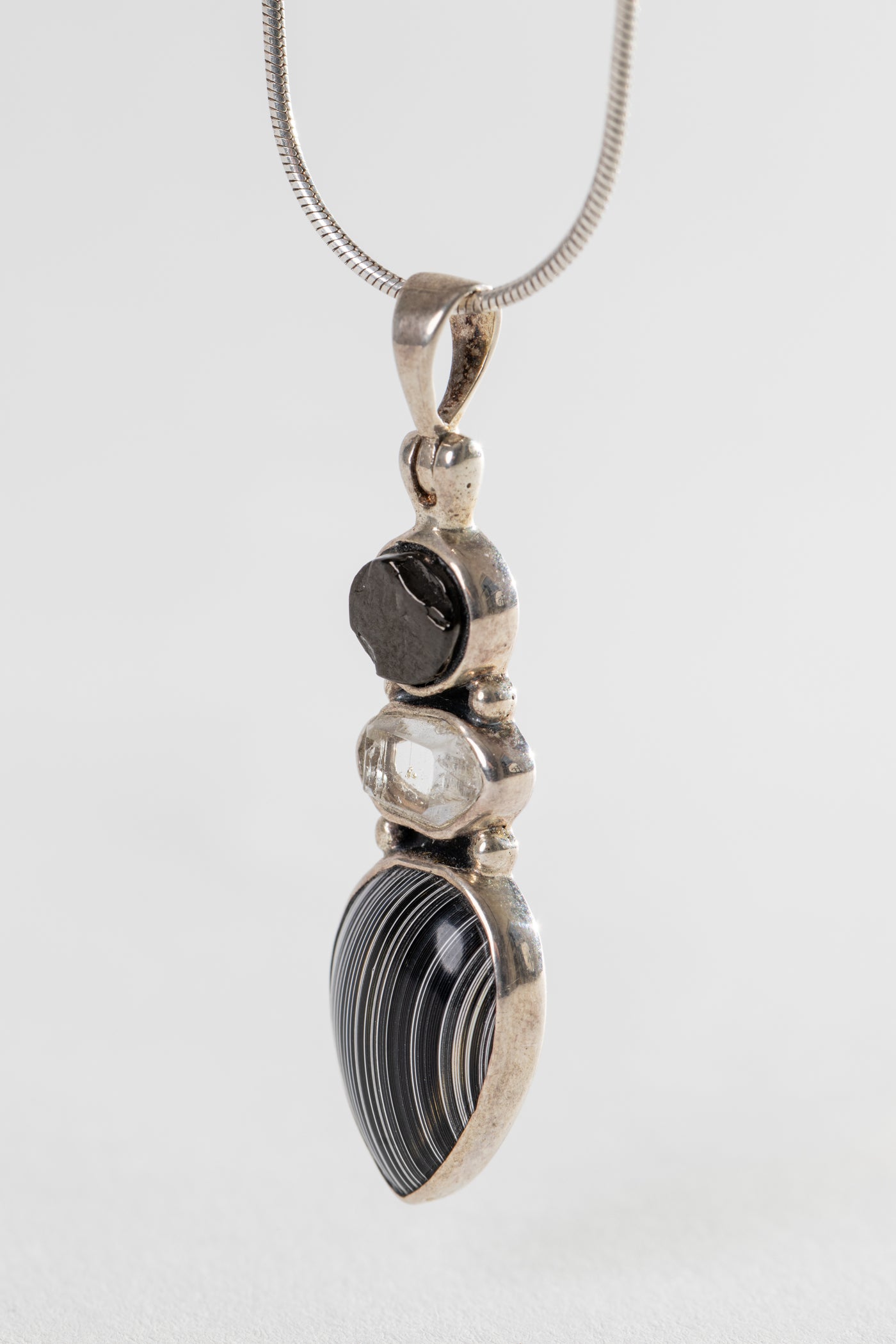 One of a Kind Black Onyx, Clear Quartz and Black Banded Agate Pendant P138