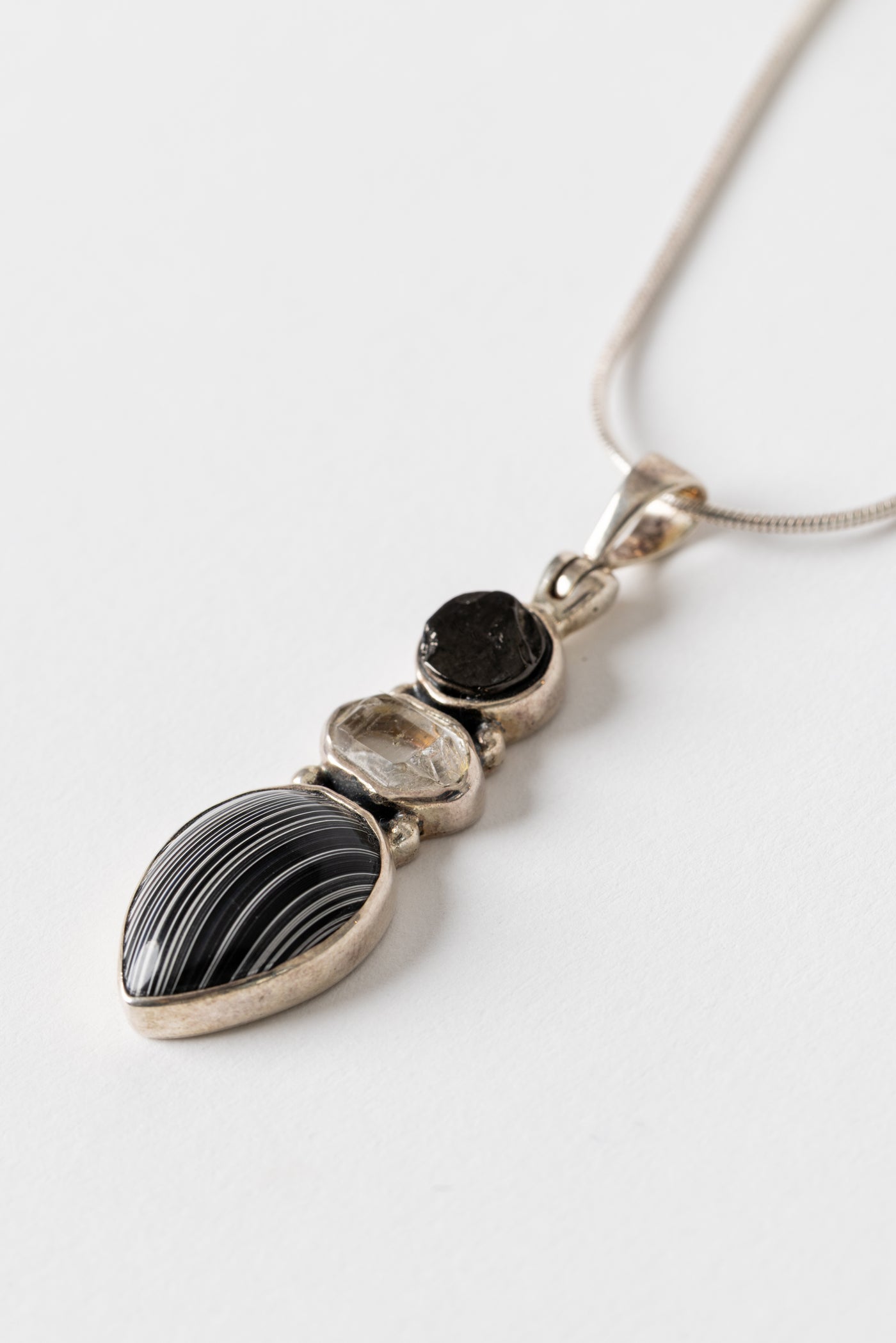 One of a Kind Black Onyx, Clear Quartz and Black Banded Agate Pendant P138