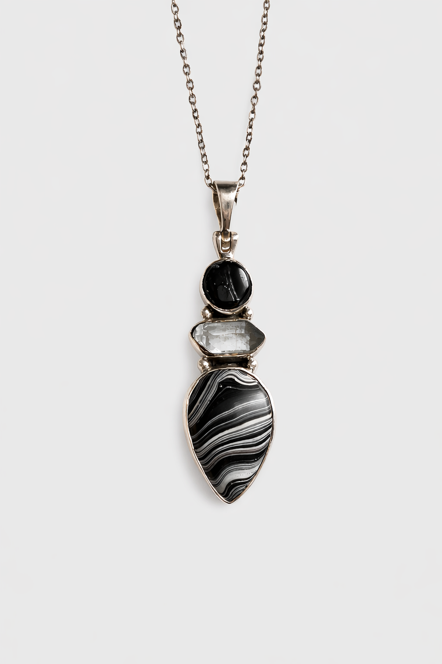 black onyx clear quartz banded agate sterling silver pendant necklace