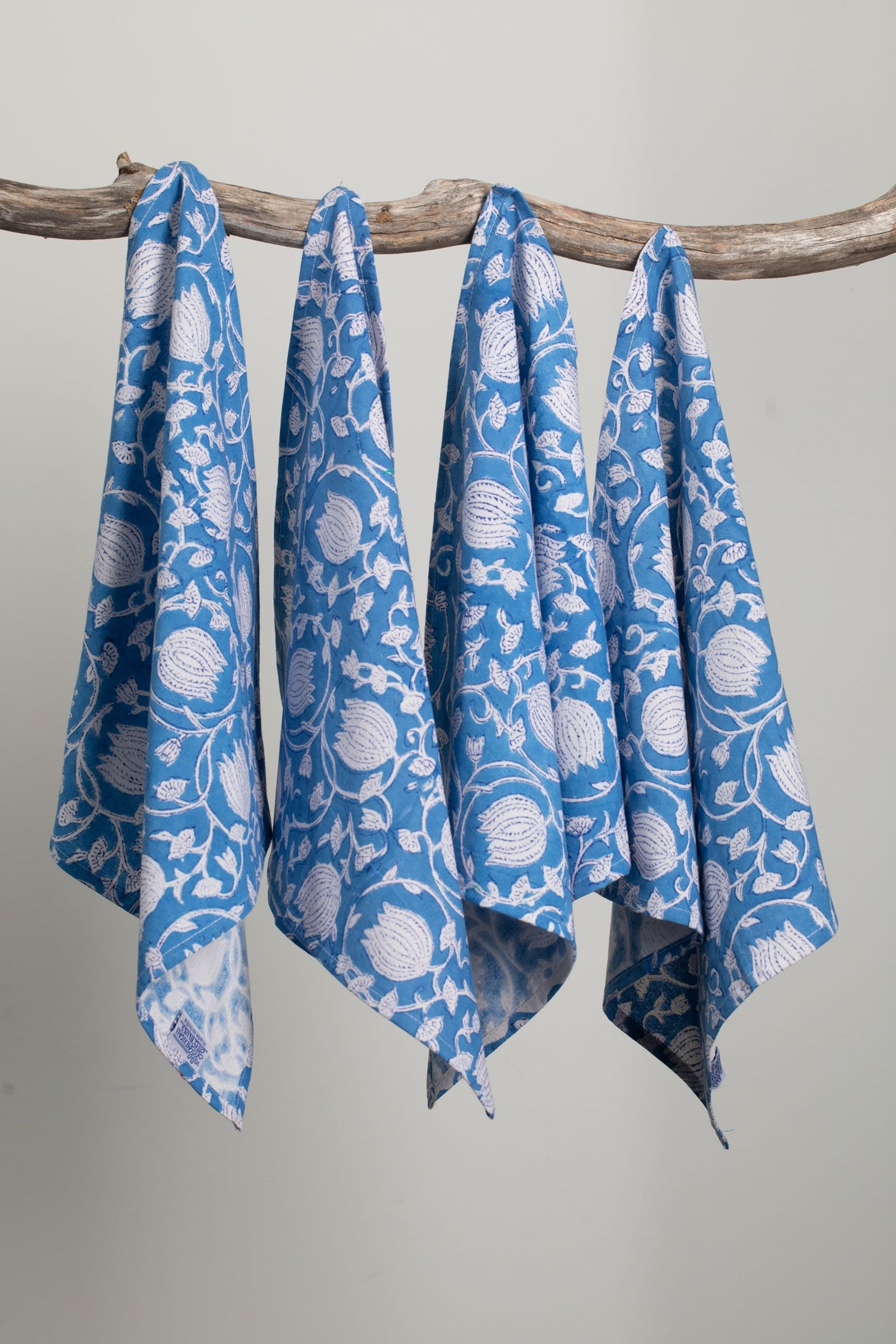 Block print napkin set in blue poppies