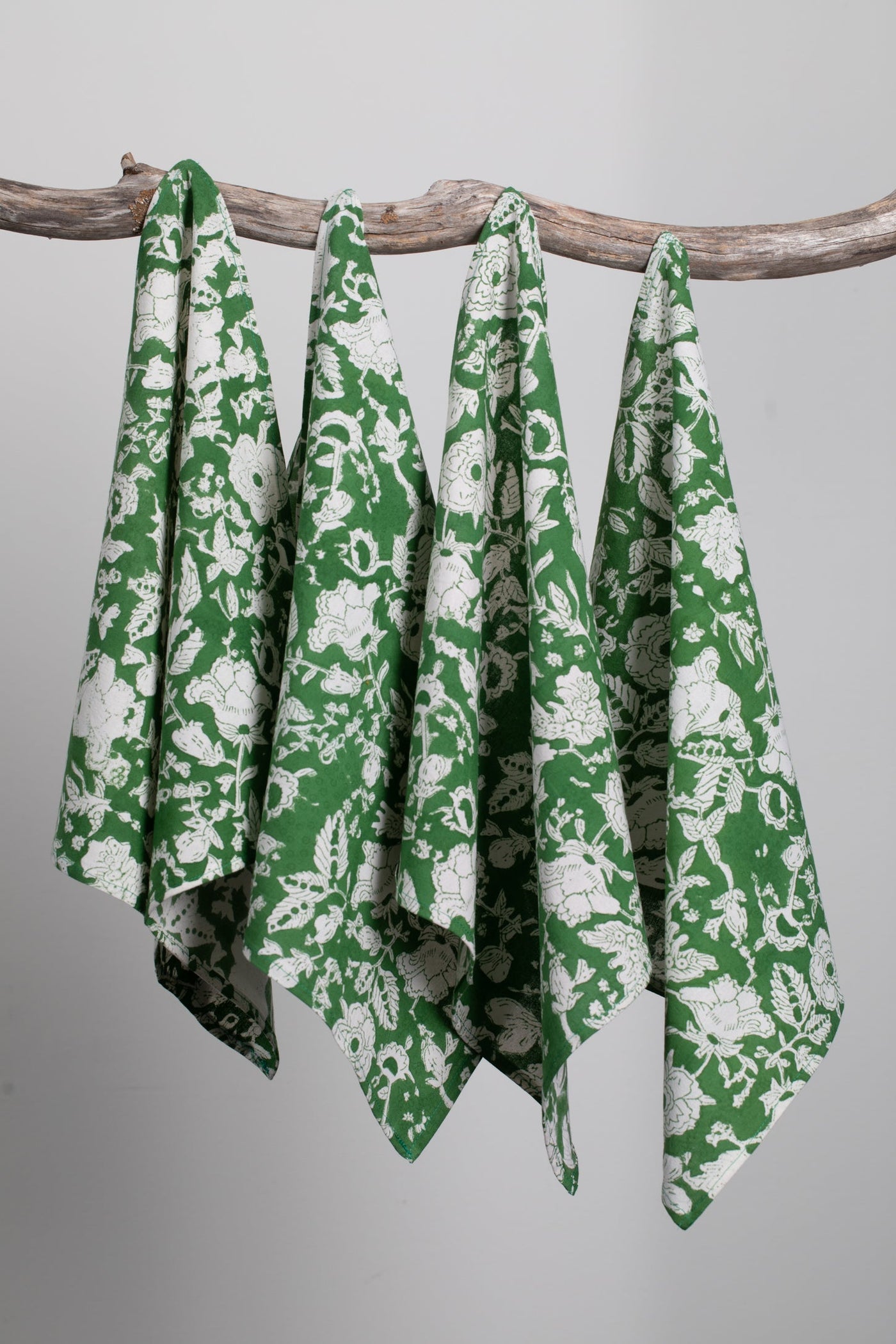 Block print napkin set in forest peonies