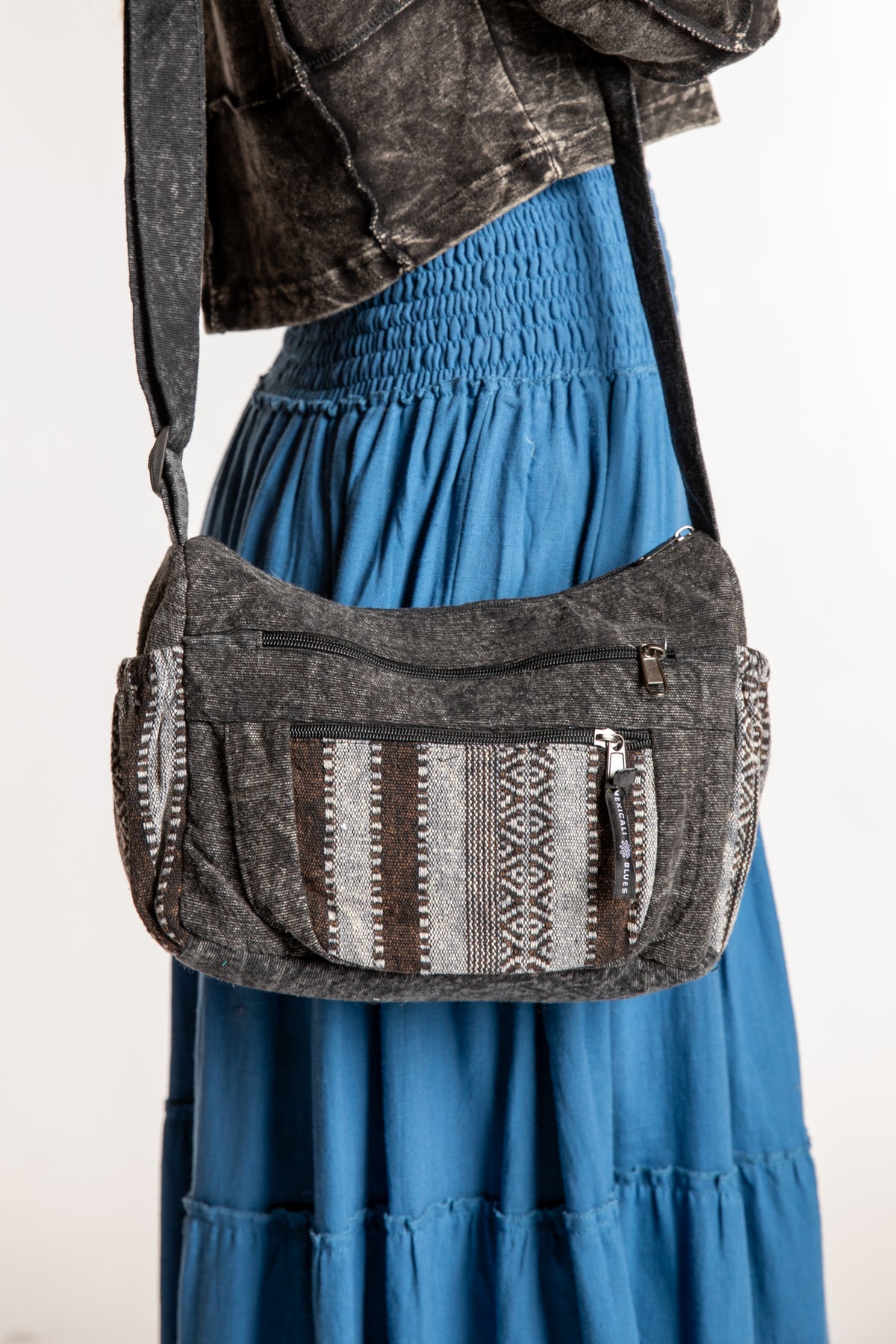 Sophie wearing the Chroma Cargo Crossbody Bag in Black