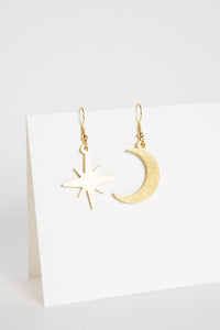 Gold Compass Moon Sunshine Golden Metal Earrings
