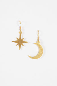 Gold Compass Moon Sunshine Golden Metal Earrings