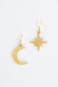 Gold Compass Moon Sunshine Golden Metal Earrings