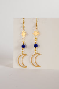 Crescent Moon Sunshine Golden Metal Earrings in Blue