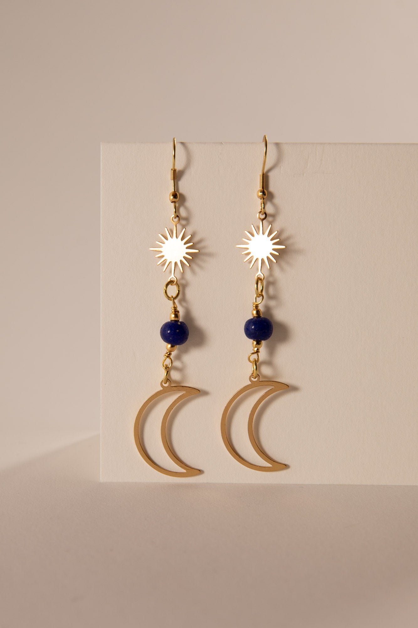 Crescent Moon Sunshine Golden Metal Earrings in Blue