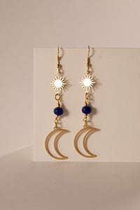Crescent Moon Sunshine Golden Metal Earrings in Blue