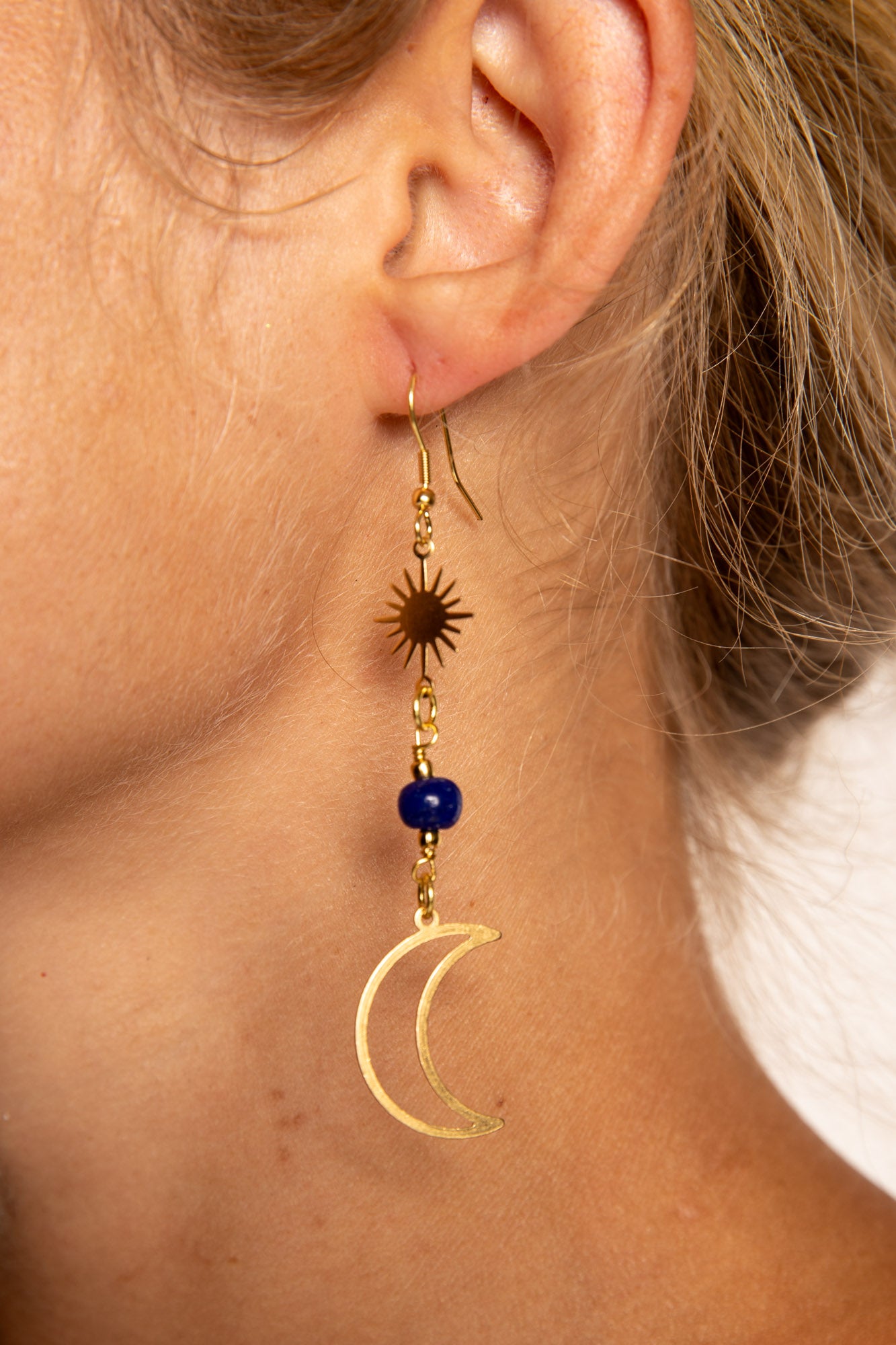 Crescent Moon Sunshine Golden Metal Earrings in Blue