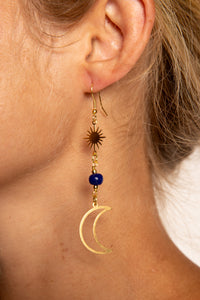 Crescent Moon Sunshine Golden Metal Earrings in Blue