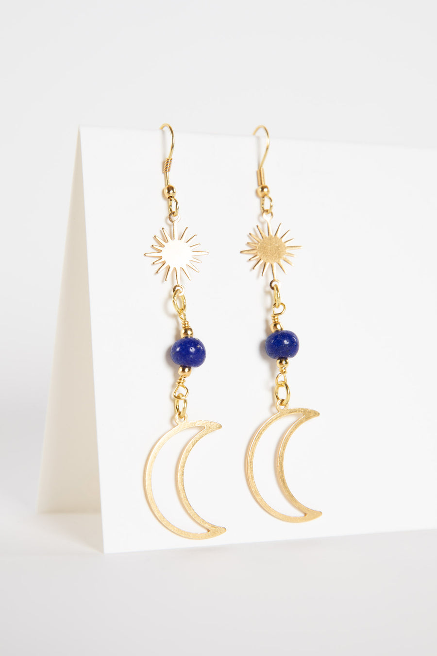 Crescent Moon Sunshine Golden Metal Earrings in Blue
