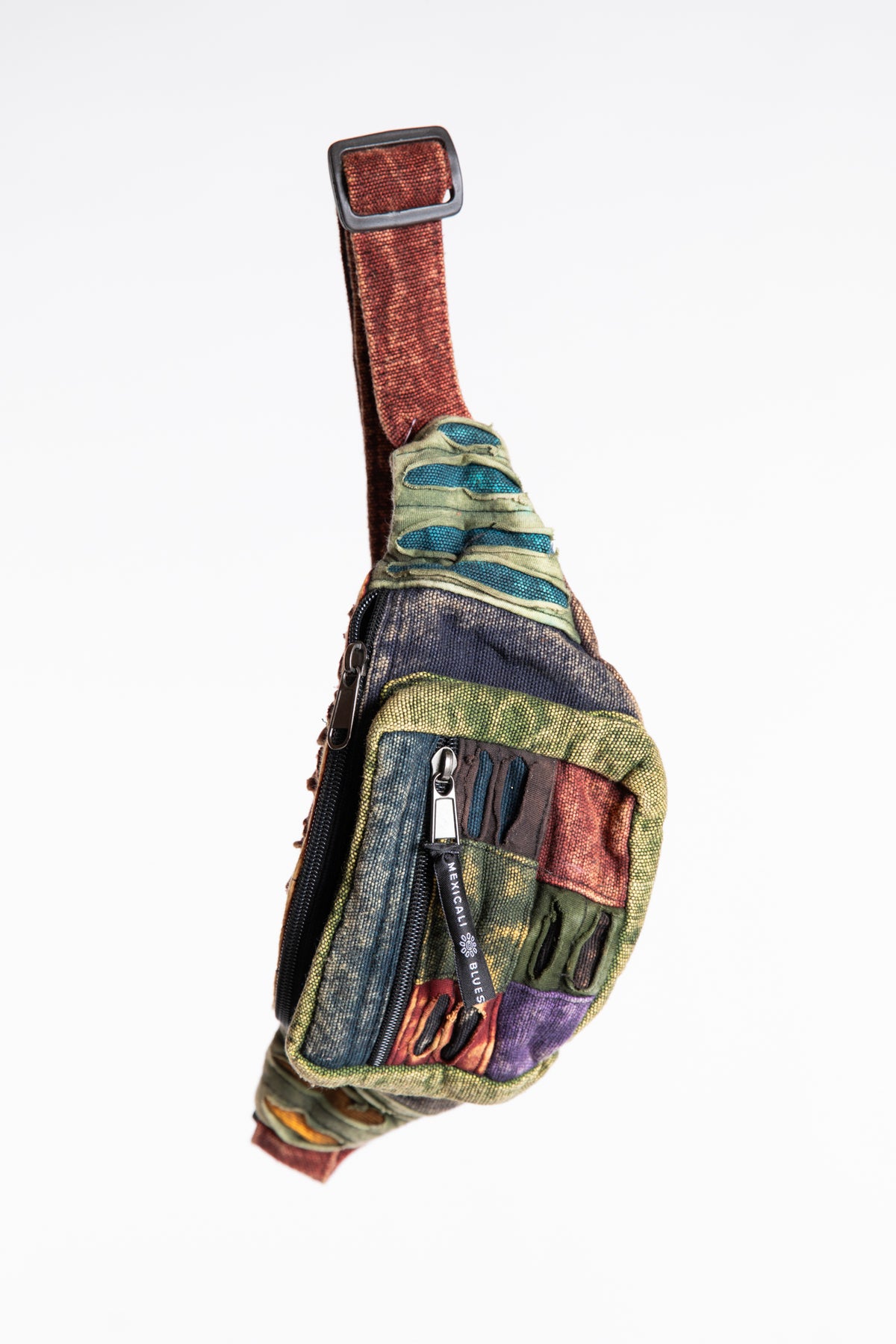 Colorful striped cotton belt bag with zippered pockets and adjustable strap