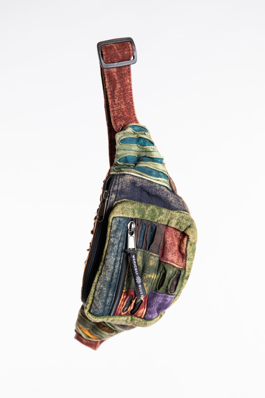 Colorful striped cotton belt bag with zippered pockets and adjustable strap