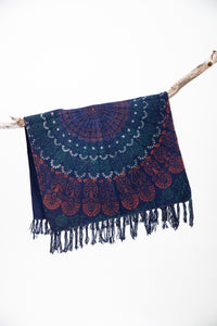 Block print woven rug in blue mandala