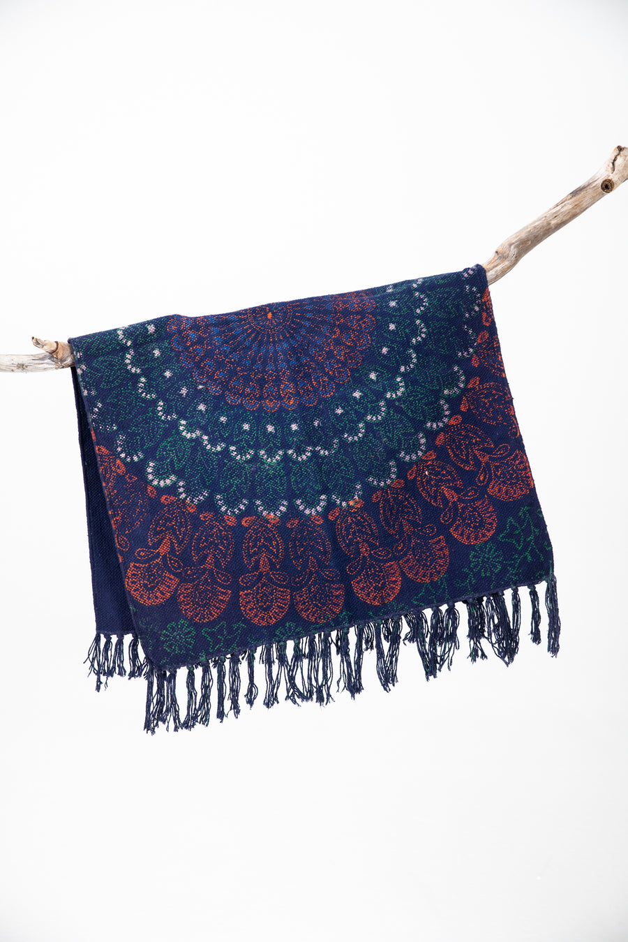 Block print woven rug in blue mandala