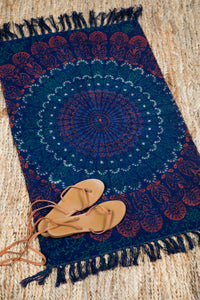 Block print woven rug in blue mandala
