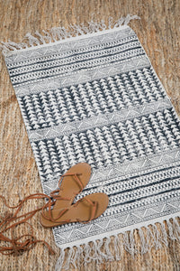 Block print woven rug in natural and black