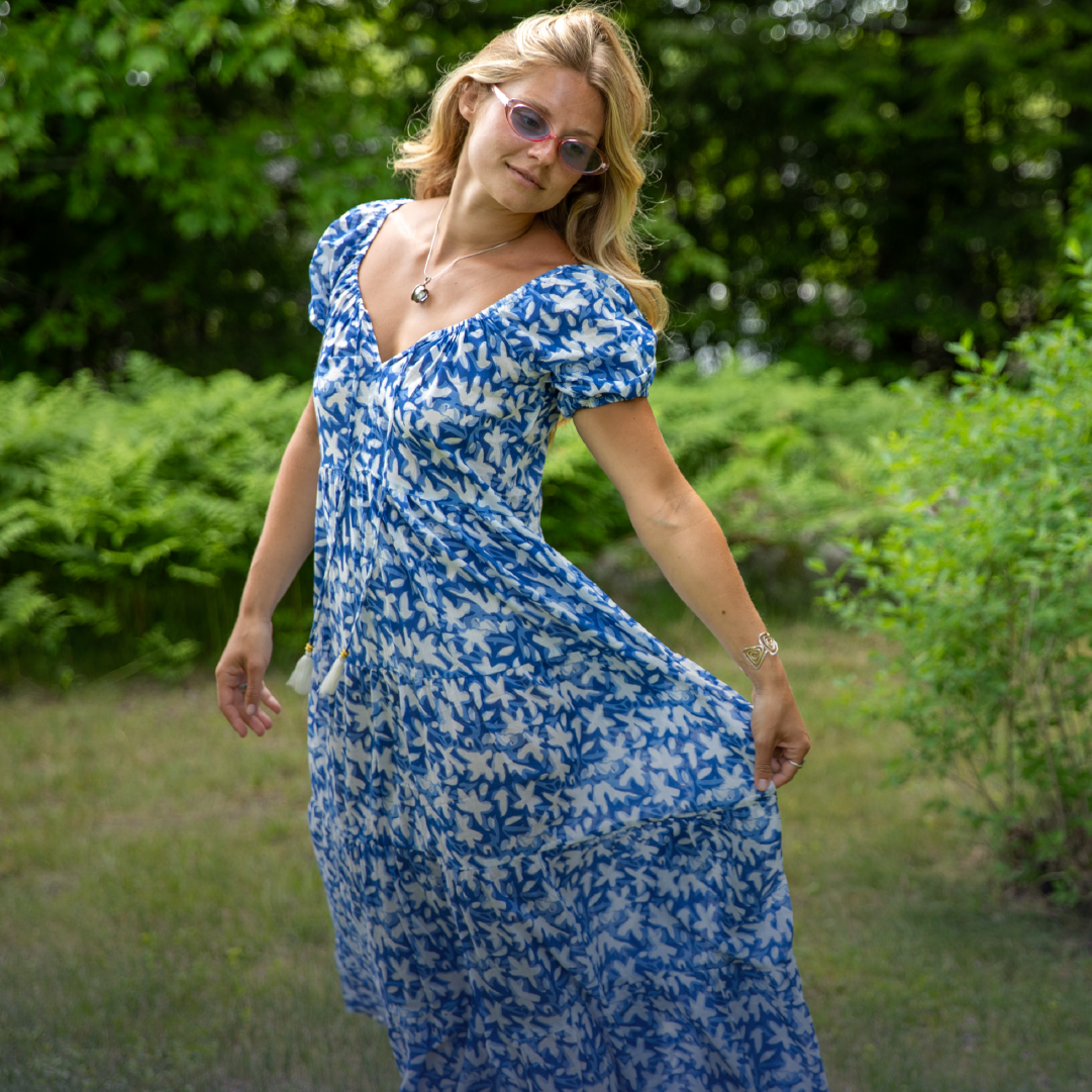 Sophie is wearing the Amara cotton Maxi Dress in Blue S/M