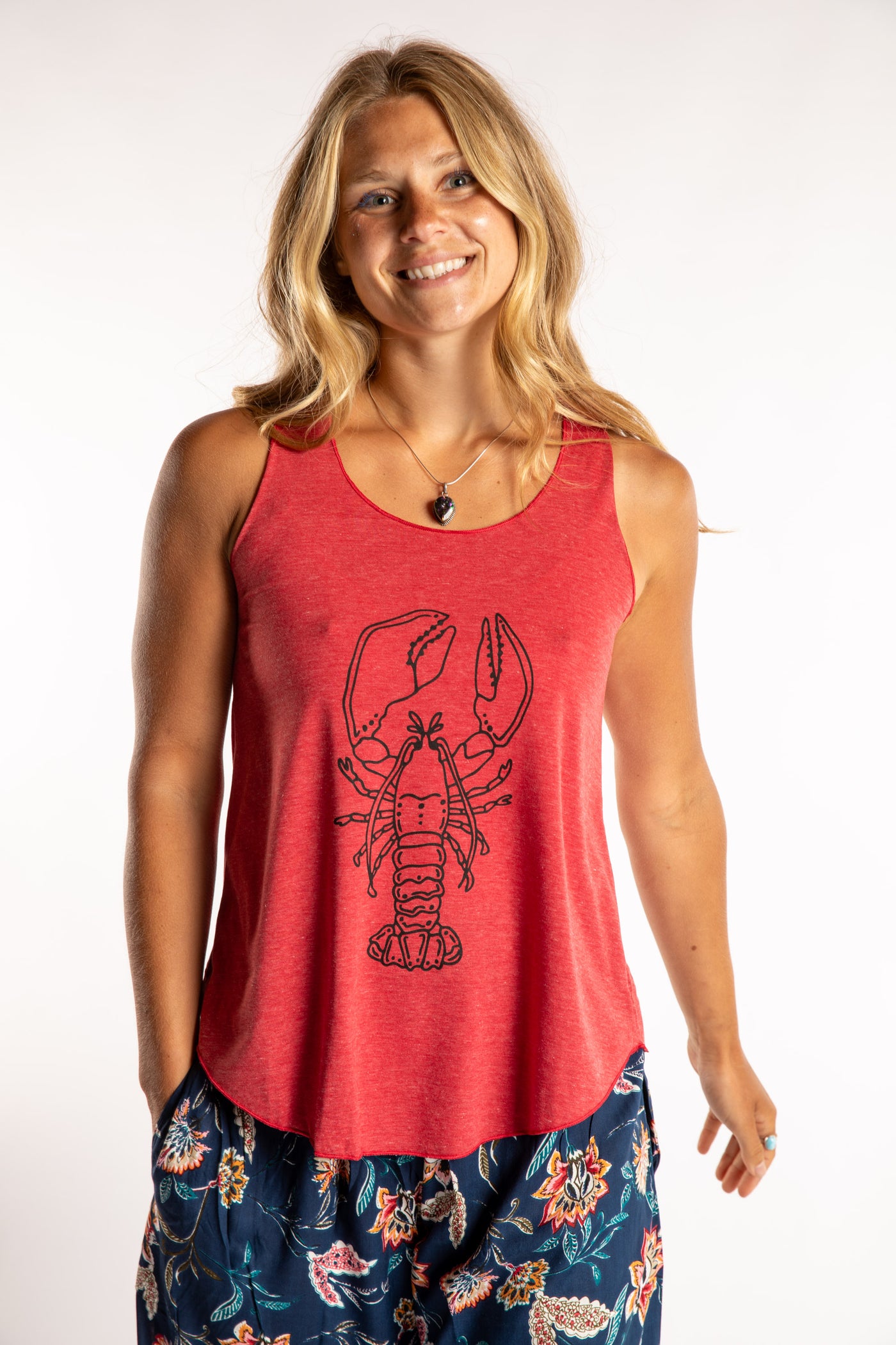 Sophie is wearing size S/M tank top in Red Lobster