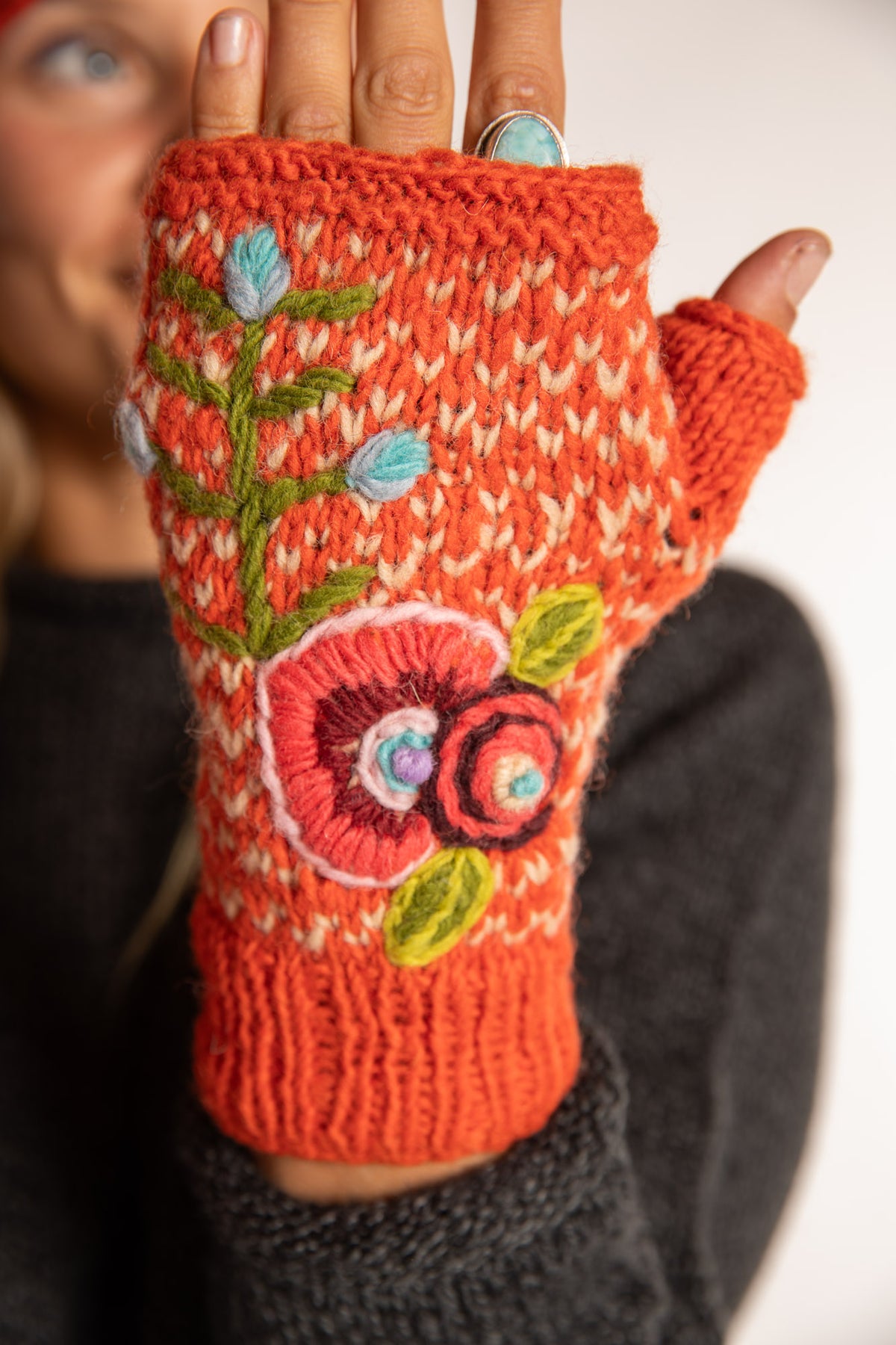 Floral Embroidered Wool Fingerless Mittens