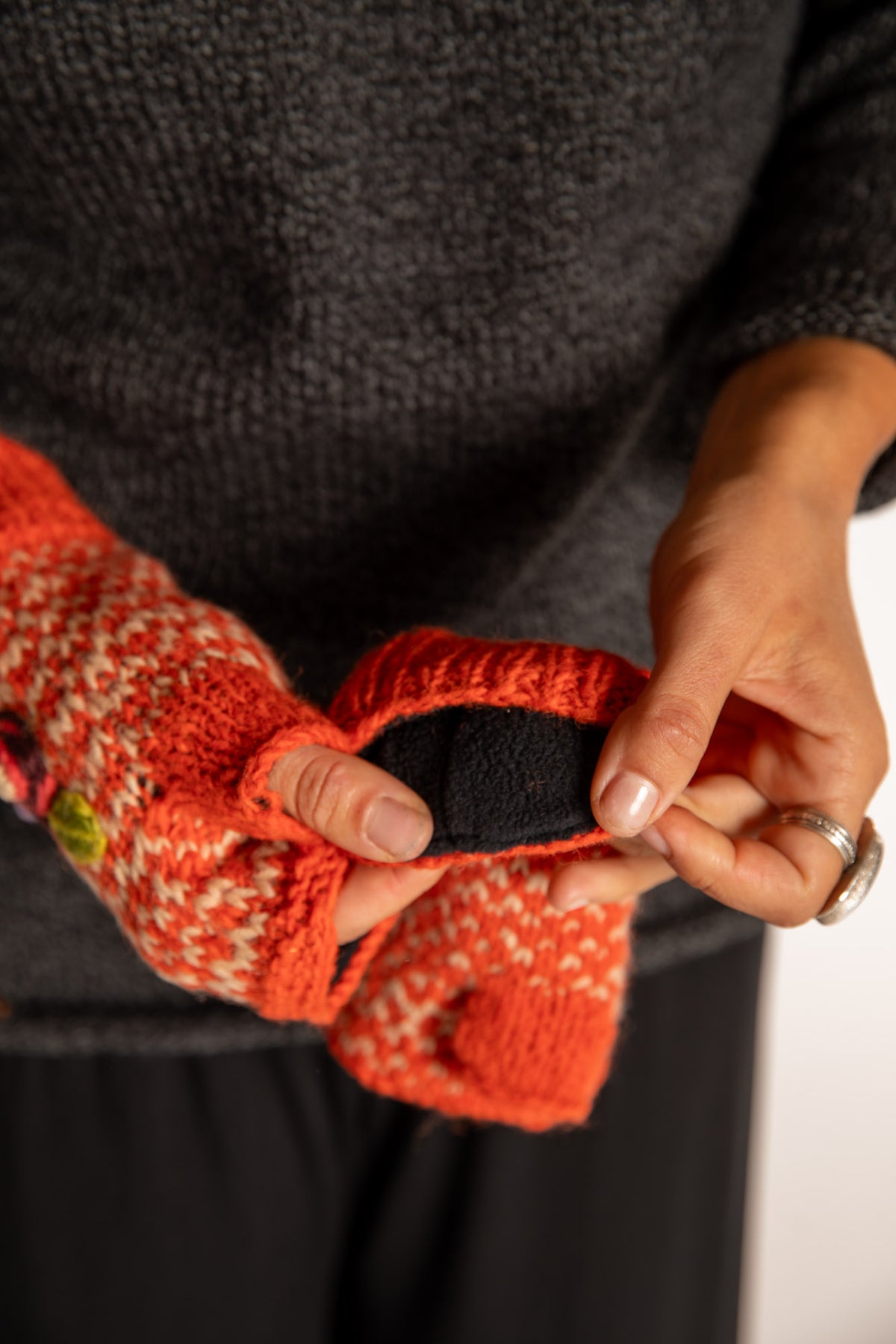 Floral Embroidered Wool Fingerless Mittens