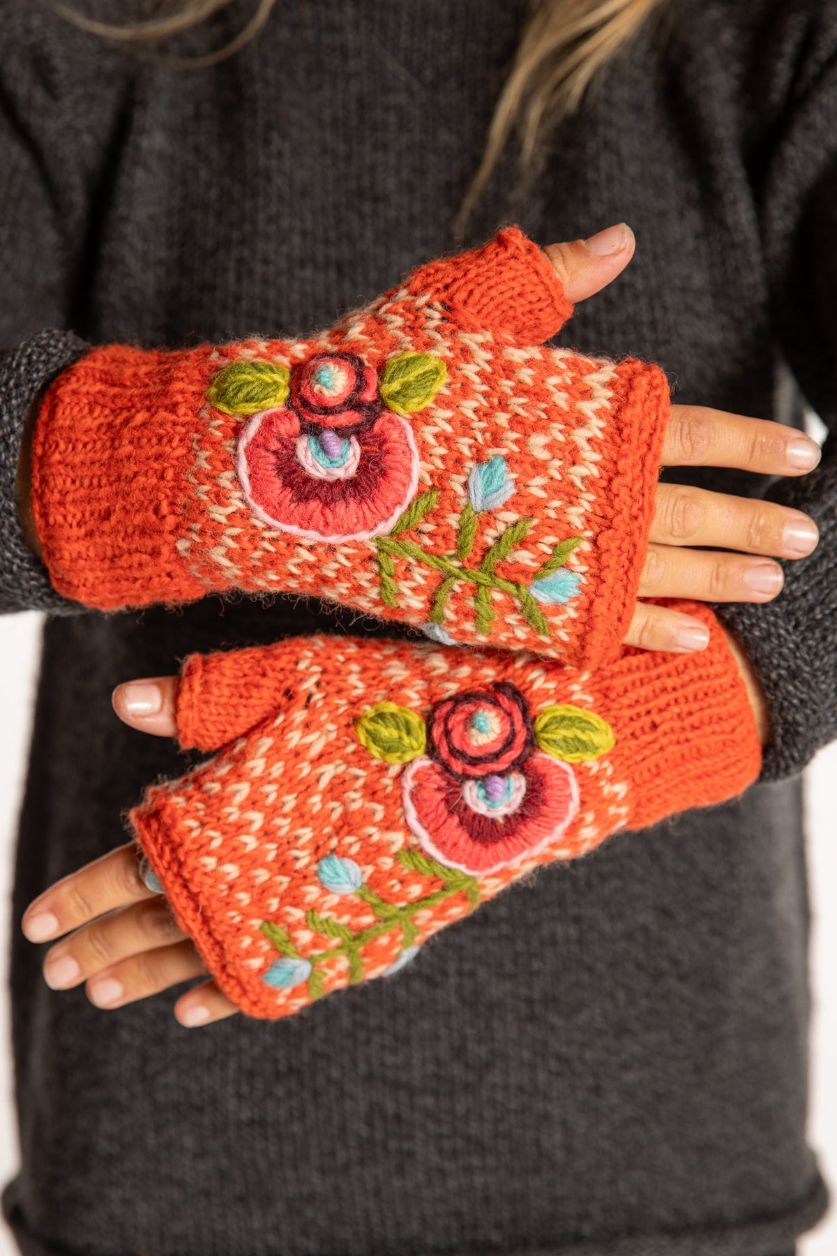 Floral Embroidered Wool Fingerless Mittens