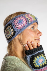 Sophie is wearing the Granny Square Wool Headband in Lavender