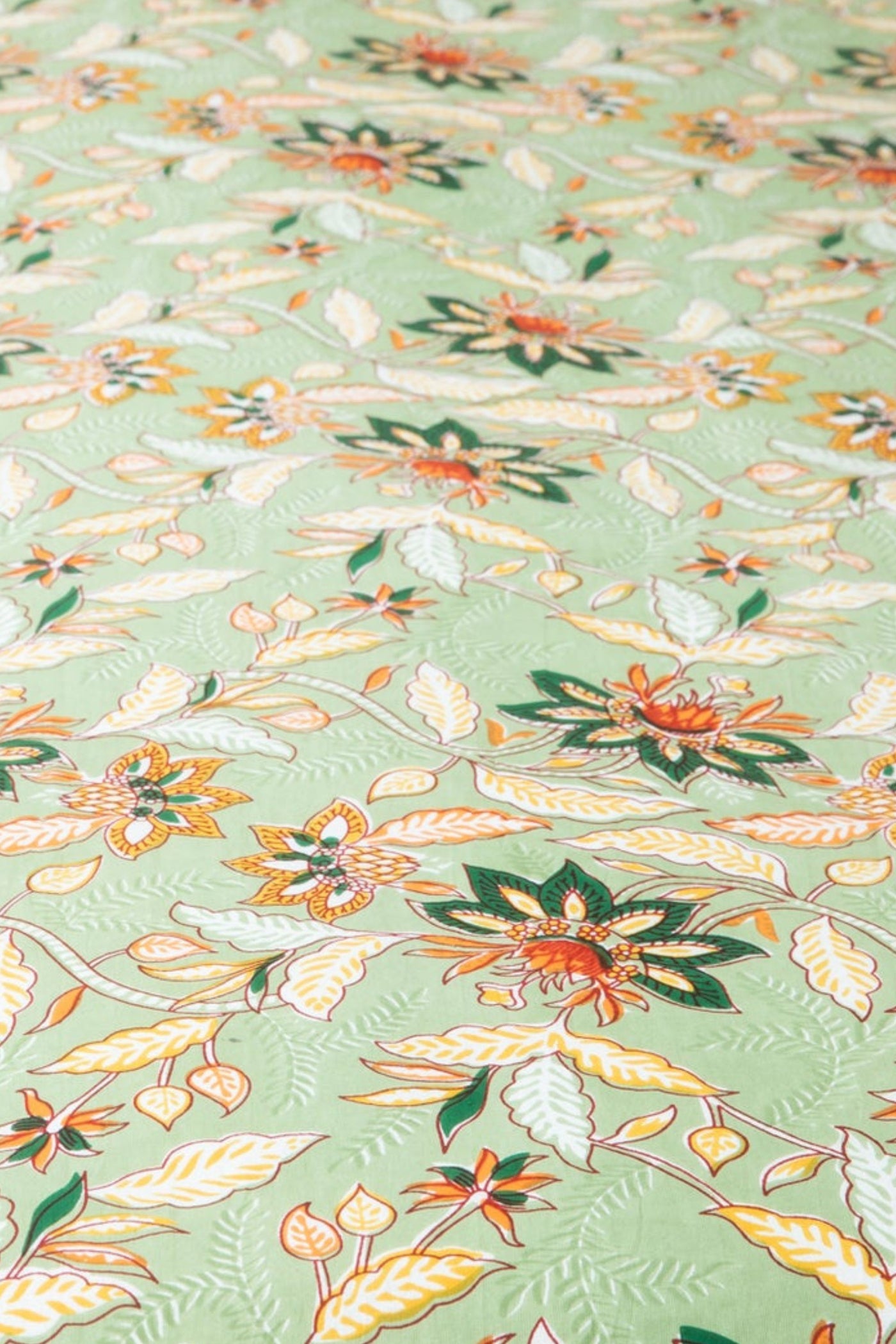 Block Print Floral Tablecloth in Green Garden