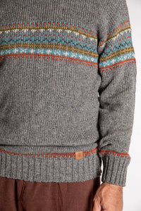 Topher is wearing the Large Himalayan Patterned Wool Sweater in Natural Multi