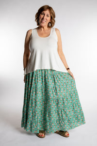 Betty is wearing the one size Indira Prairie Skirt in Aquamarine