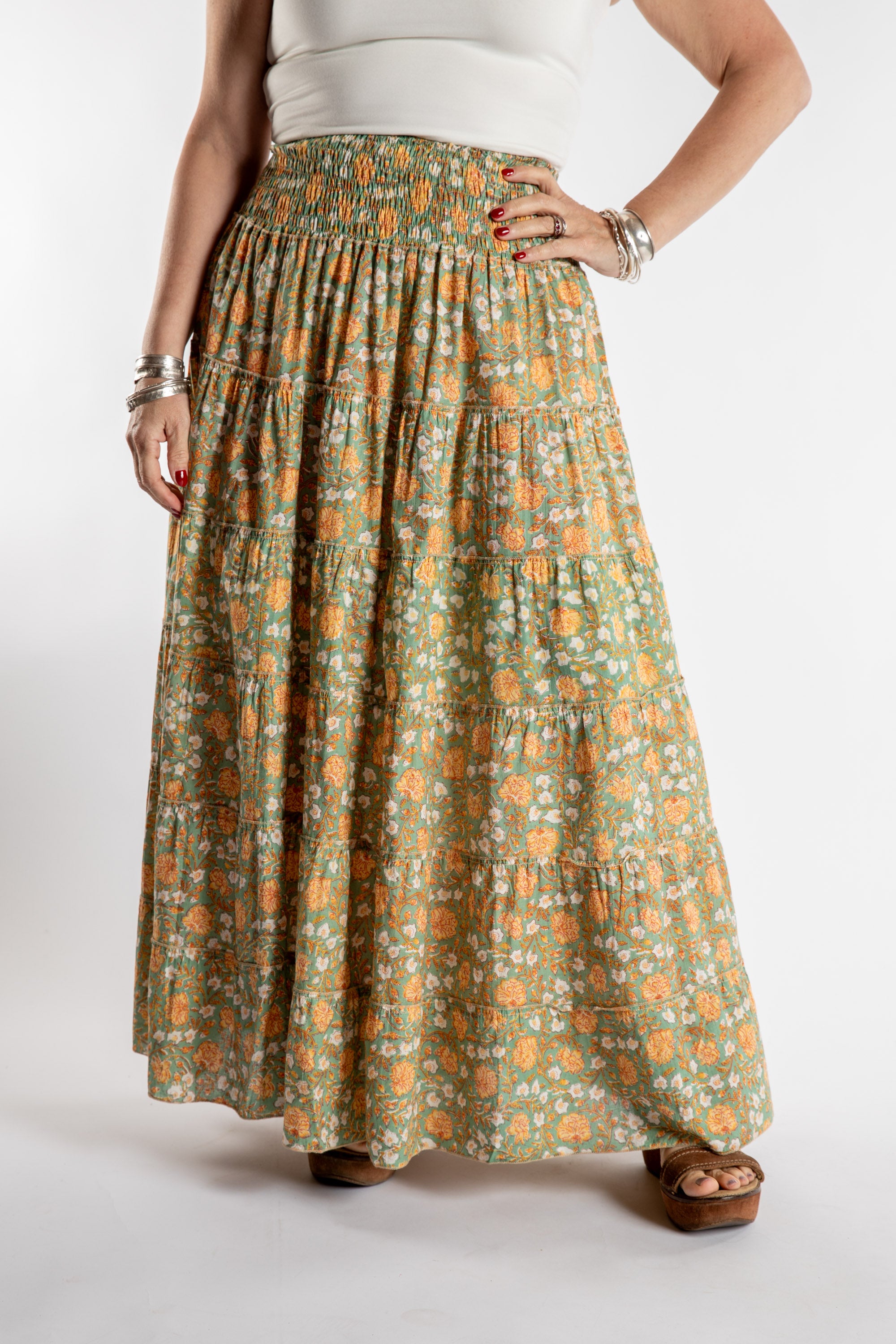 Indira Printed Cotton Prairie Skirt | Floral Maxi Skirt · Mexicali