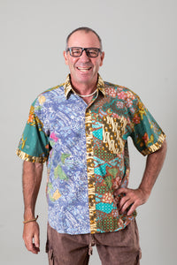 Ross is wearing the size L Patchwork button down shirt