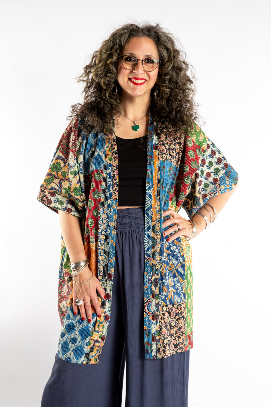 Susan is wearing the one size Kantha Kimono