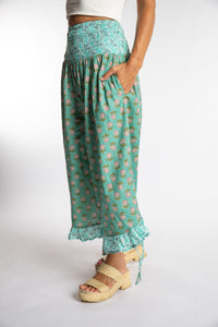 Sophie is wearing the Kiraana Tonal Crop Pants in Aquamarine S/M