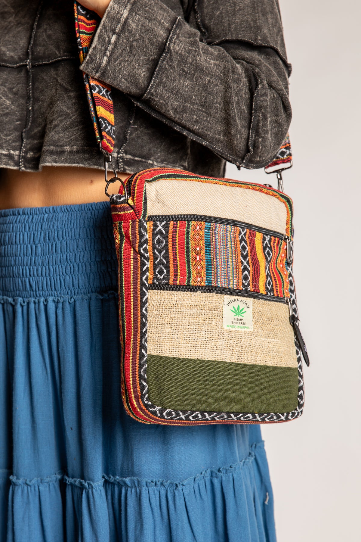 Sophie wearing Koshi hemp patchwork crossbody bag with adjustable patterned strap