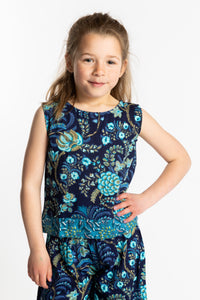 Louisa age 7 wearing size Small Sahana Contrast Hem Kids Top in navy floral print