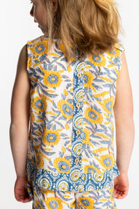 Louisa age 7 wearing size Small Sahana Contrast Hem Kids Top in sunflower print