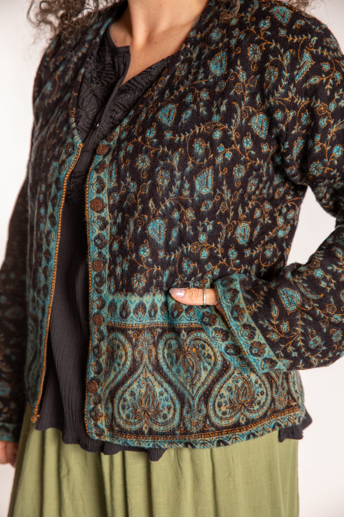 Susan is wearing the M/L Malini Soft Brushed Cardigan in Blue