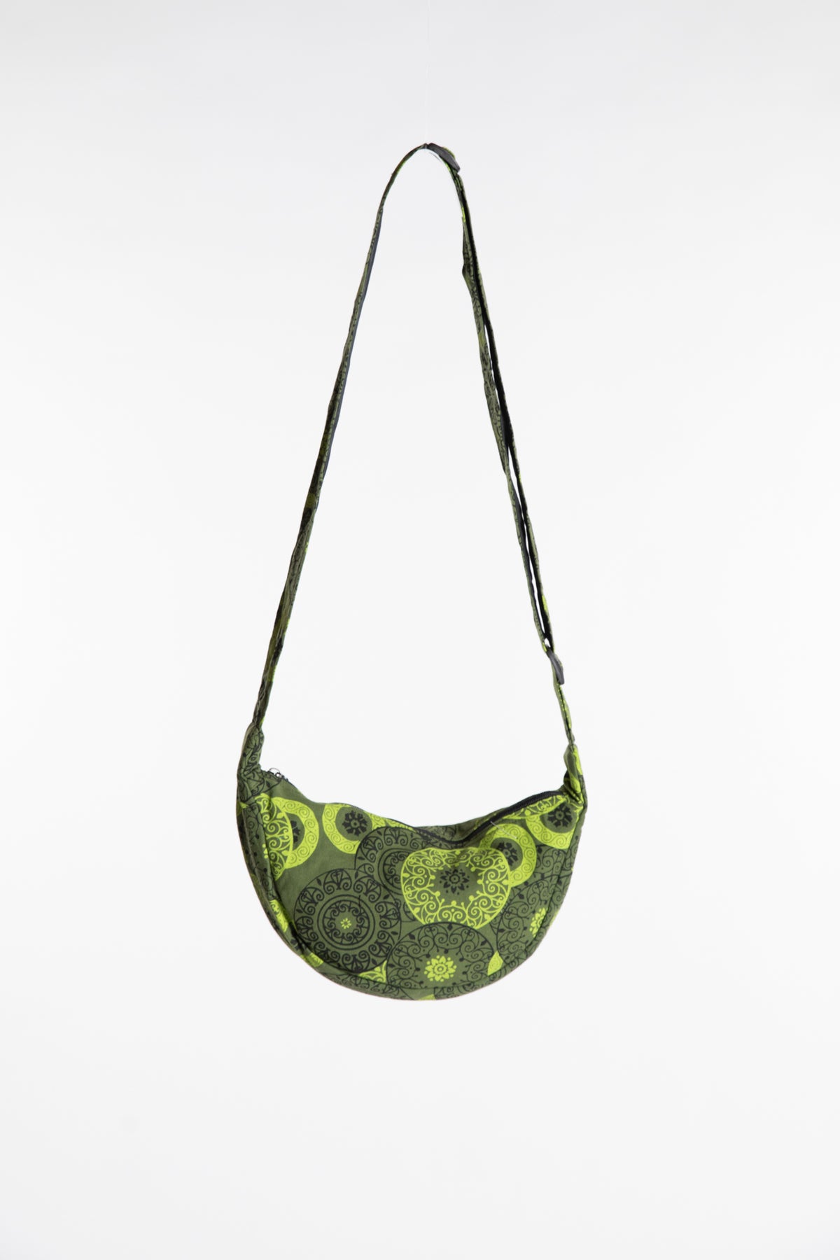 Green cotton crescent crossbody purse with colorful mandala patterns