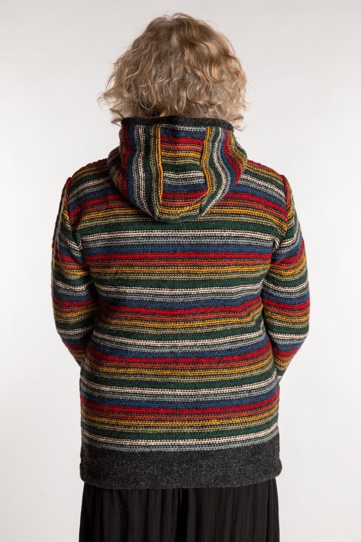 Kim is wearing the Medium Mexicali Patterned Wool Hoodie in Multi Stripe