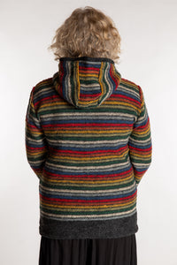 Kim is wearing the Medium Mexicali Patterned Wool Hoodie in Multi Stripe